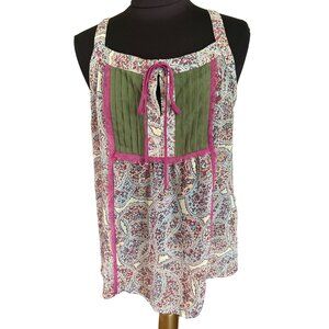 Quintessential Sleeveless Bohemian Paisley Print Top With Ribbon Detail - Size L